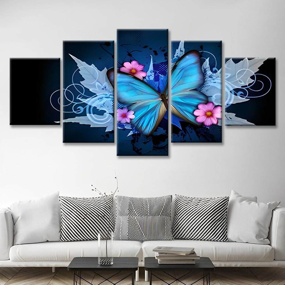 Mariposa Azul y Flores Rosadas 5 Partes Pintar por Números