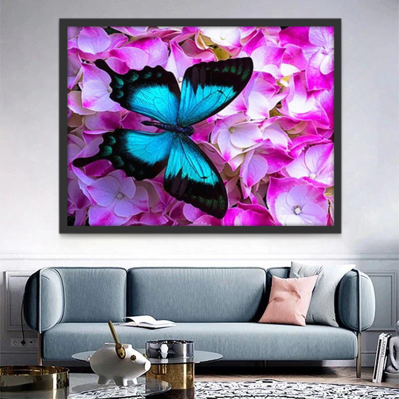 Mariposa Azul y Hortensia Rosa Pintar por Números