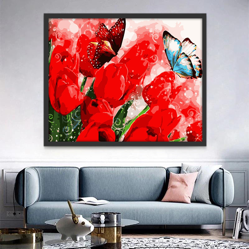 Mariposa Azul y Roja Volando entre los Tulipanes Rojos Pintar por Números