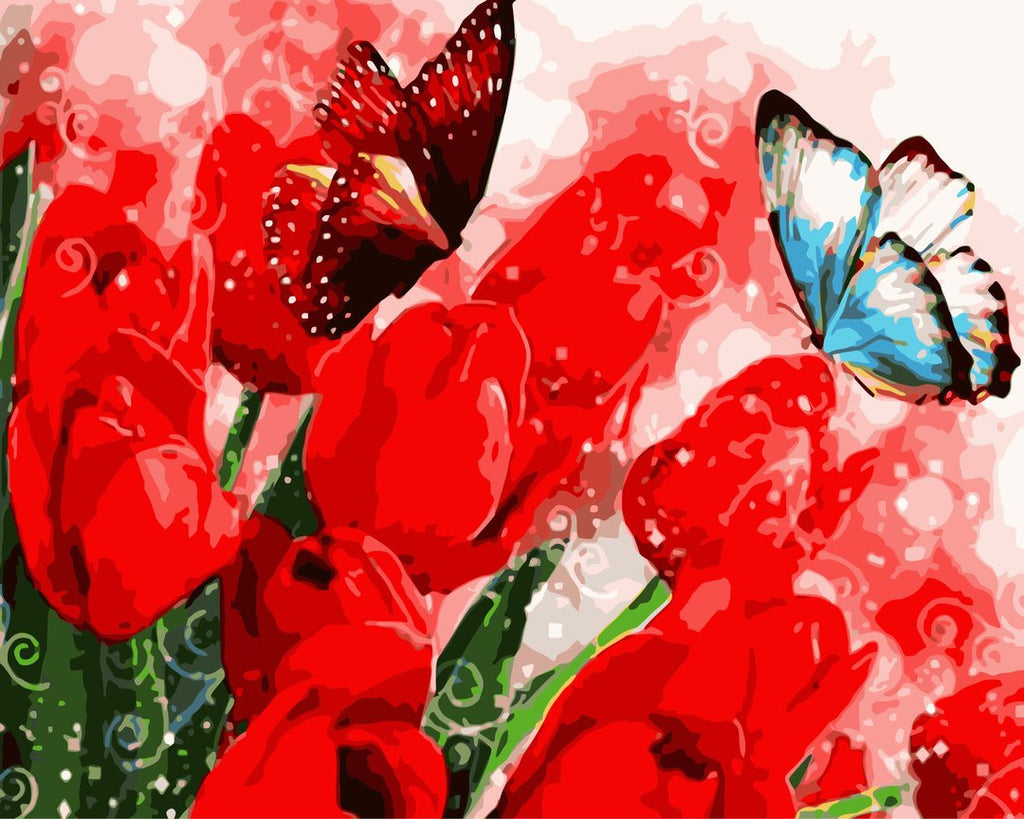 Mariposa Azul y Roja Volando entre los Tulipanes Rojos Pintar por Números