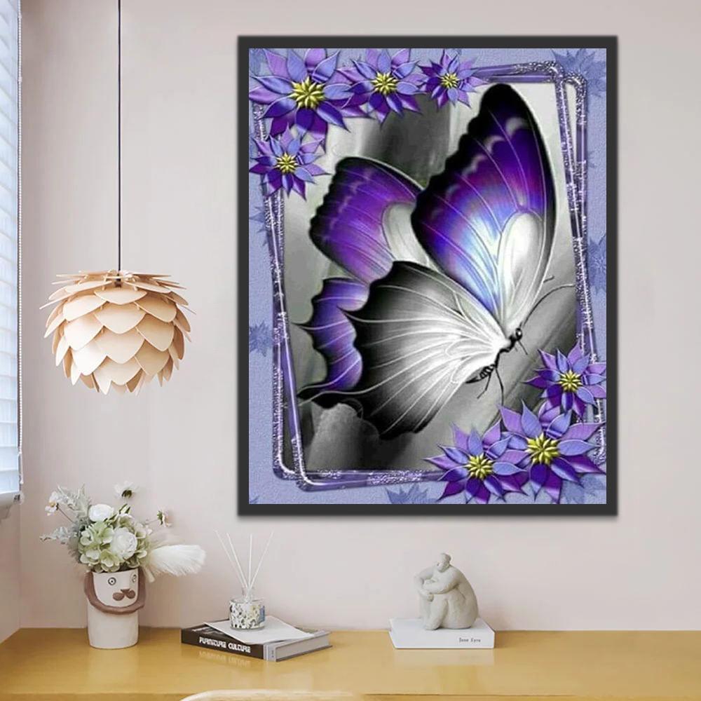 Mariposa Morada en Marco de Flor Pintar por Números