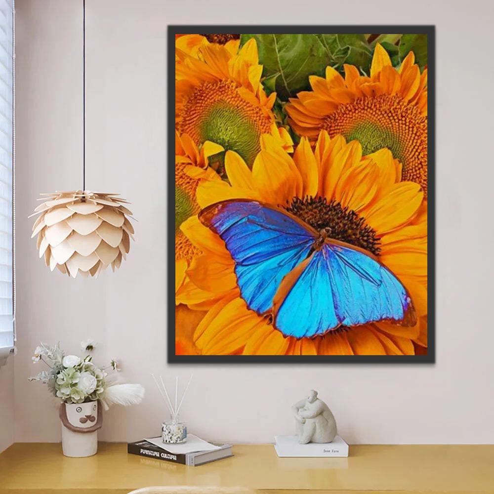 Mariposa Morpho Azul Parada sobre Girasoles Pintar por Números