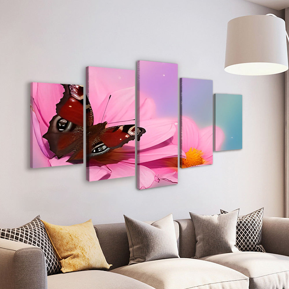 Mariposa Roja sobre Crisantemos Rosados 5 Partes Pintar por Números