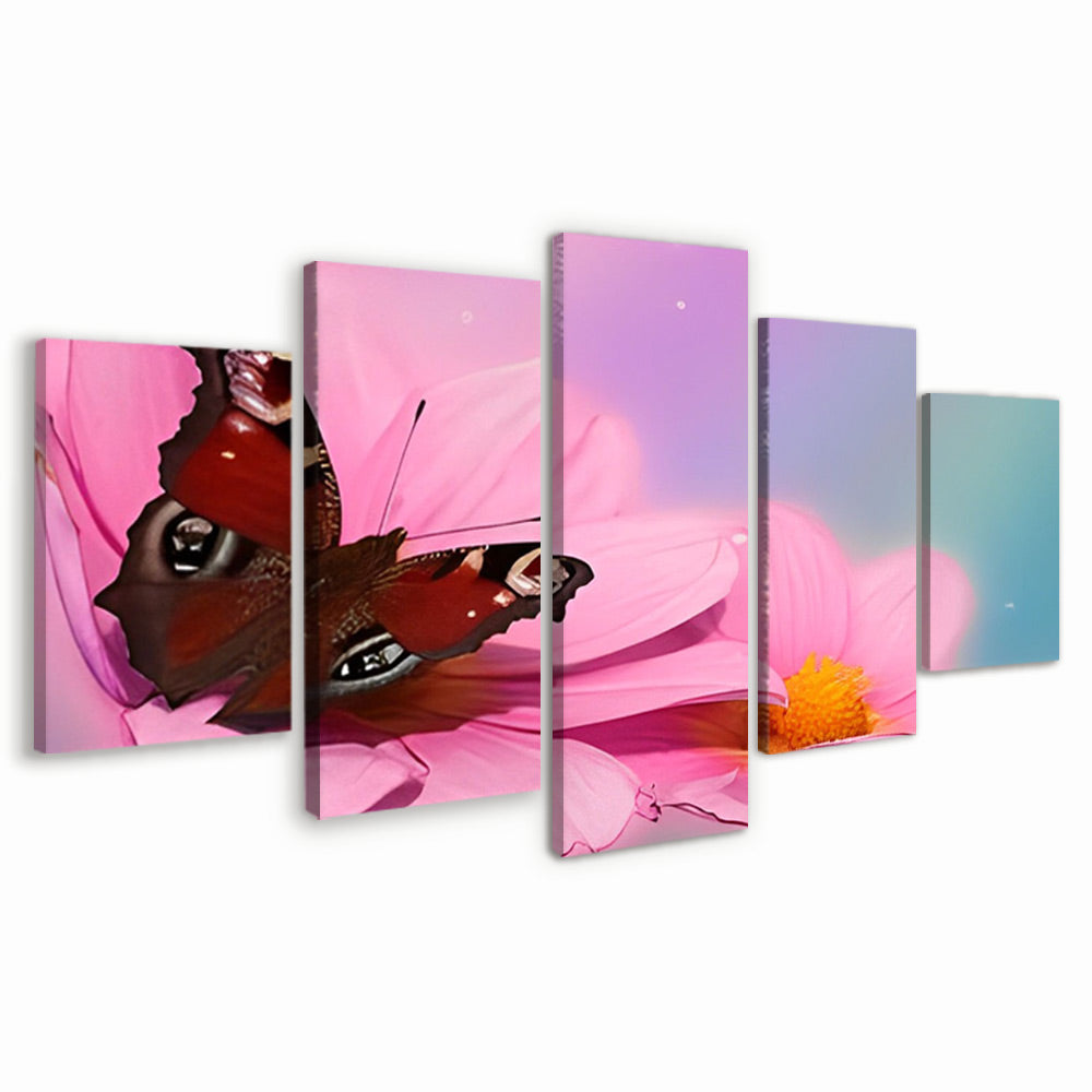 Mariposa Roja sobre Crisantemos Rosados 5 Partes Pintar por Números