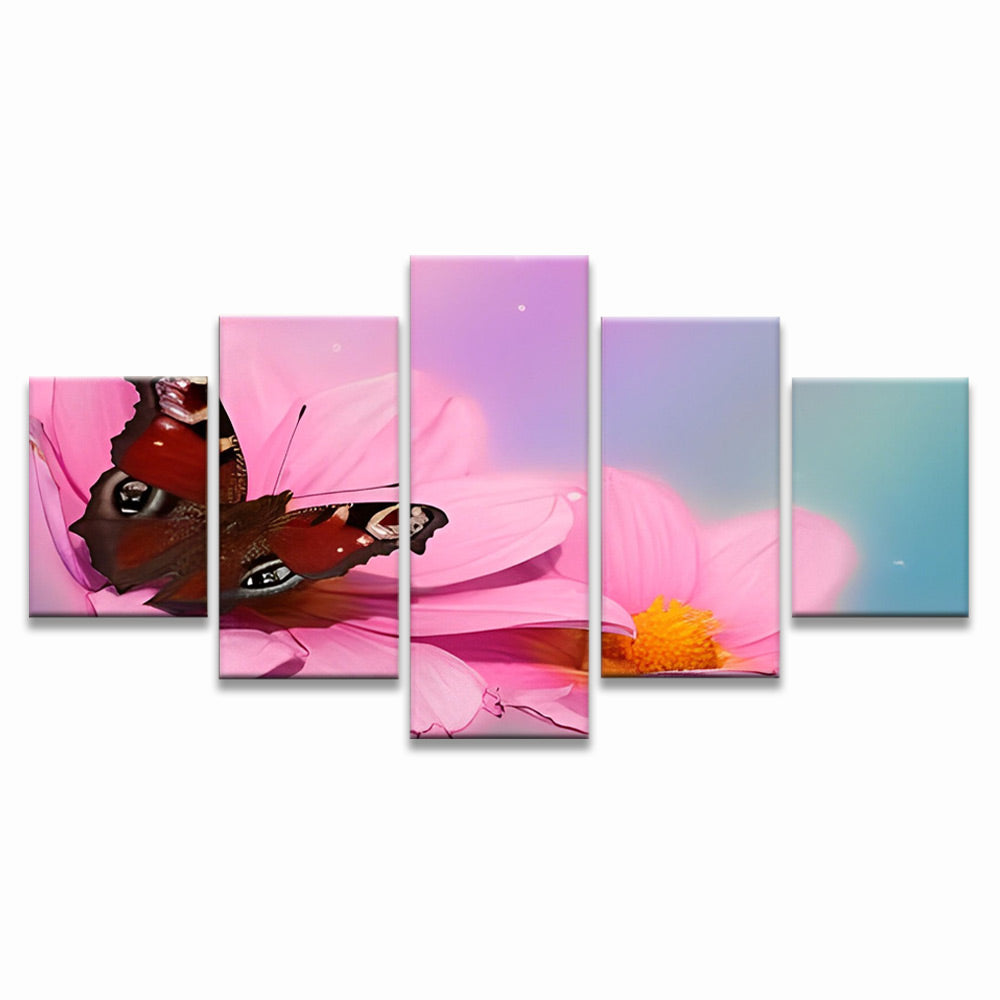 Mariposa Roja sobre Crisantemos Rosados 5 Partes Pintar por Números