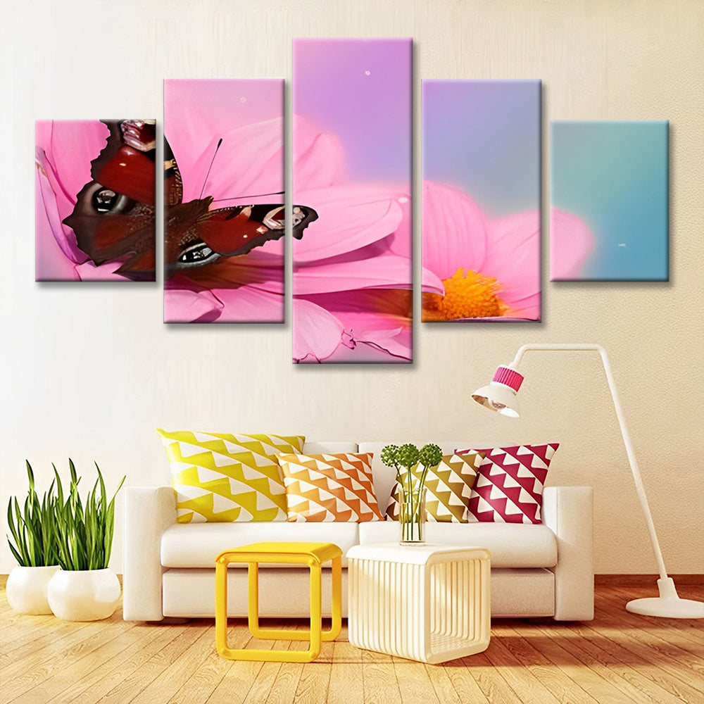 Mariposa Roja sobre Crisantemos Rosados 5 Partes Pintar por Números