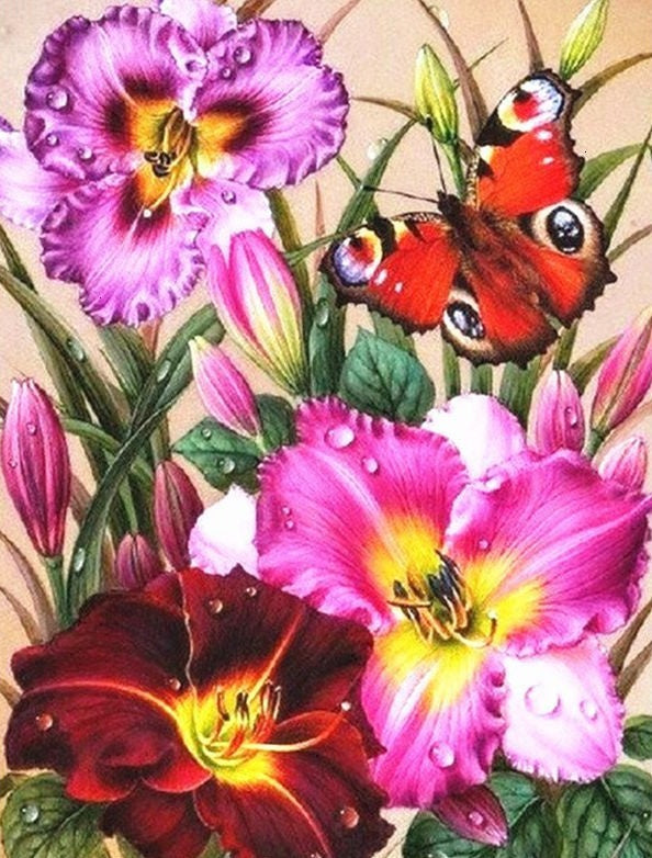 Mariposa Roja Volando entre Flores Florecientes Pintar por Números