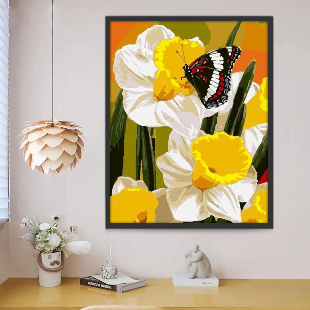 Mariposa sobre Flores de Narciso Amarillo y Blanco Pintar por Números