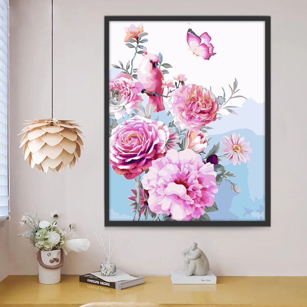 Mariposa y Pájaro y Peonías Rosadas en el Fondo Azul Pintar por Números