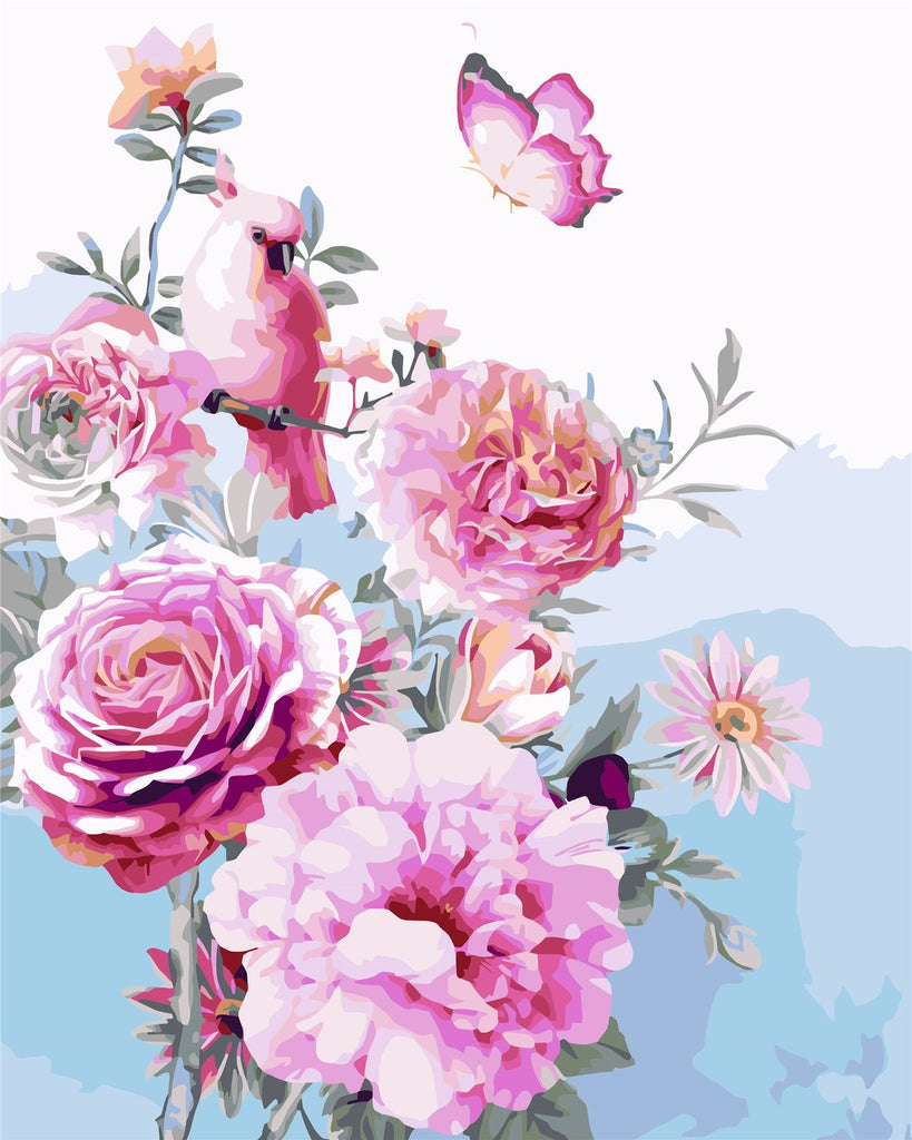 Mariposa y Pájaro y Peonías Rosadas en el Fondo Azul Pintar por Números