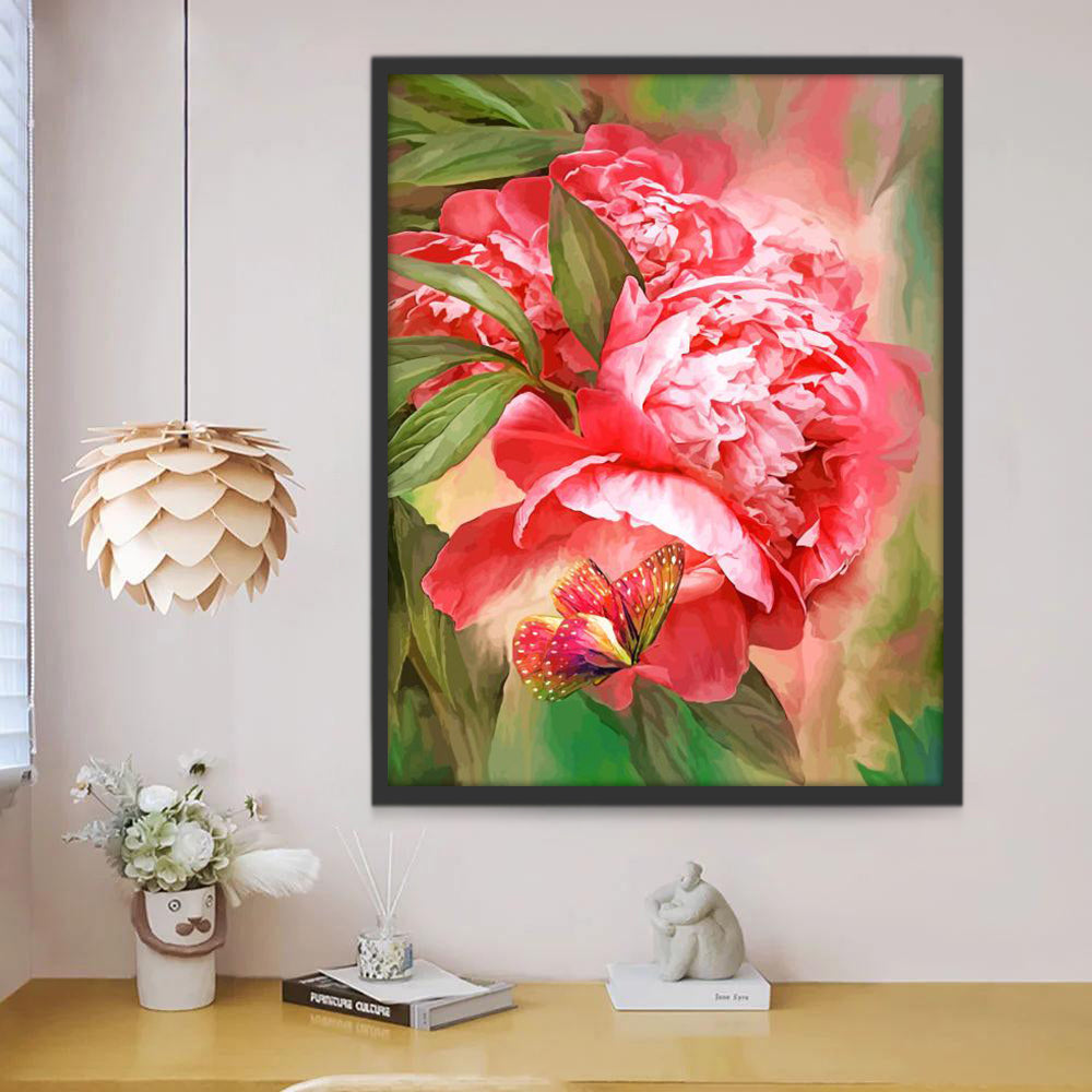 Mariposa y Peonías Rojas con Hojas Verdes en el Fondo Difuso Pintar por Números
