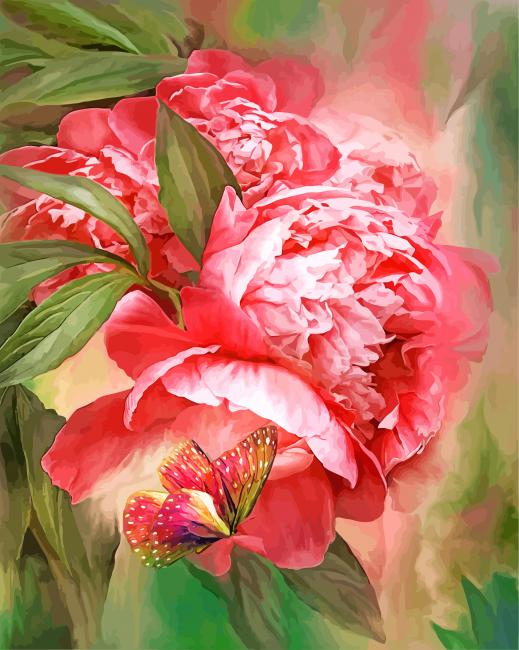 Mariposa y Peonías Rojas con Hojas Verdes en el Fondo Difuso Pintar por Números
