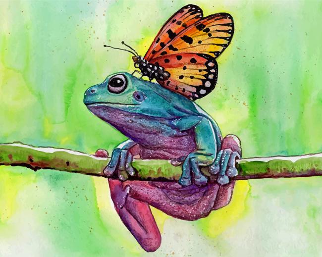 Mariposa y Rana con Fondo Verde Pintar por Números