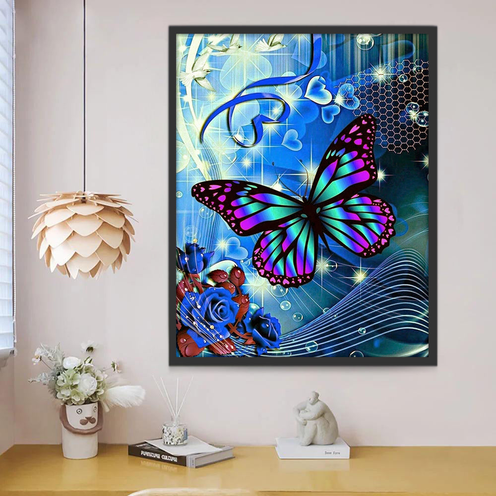 Mariposa y Rosas Azules Pintar por Números