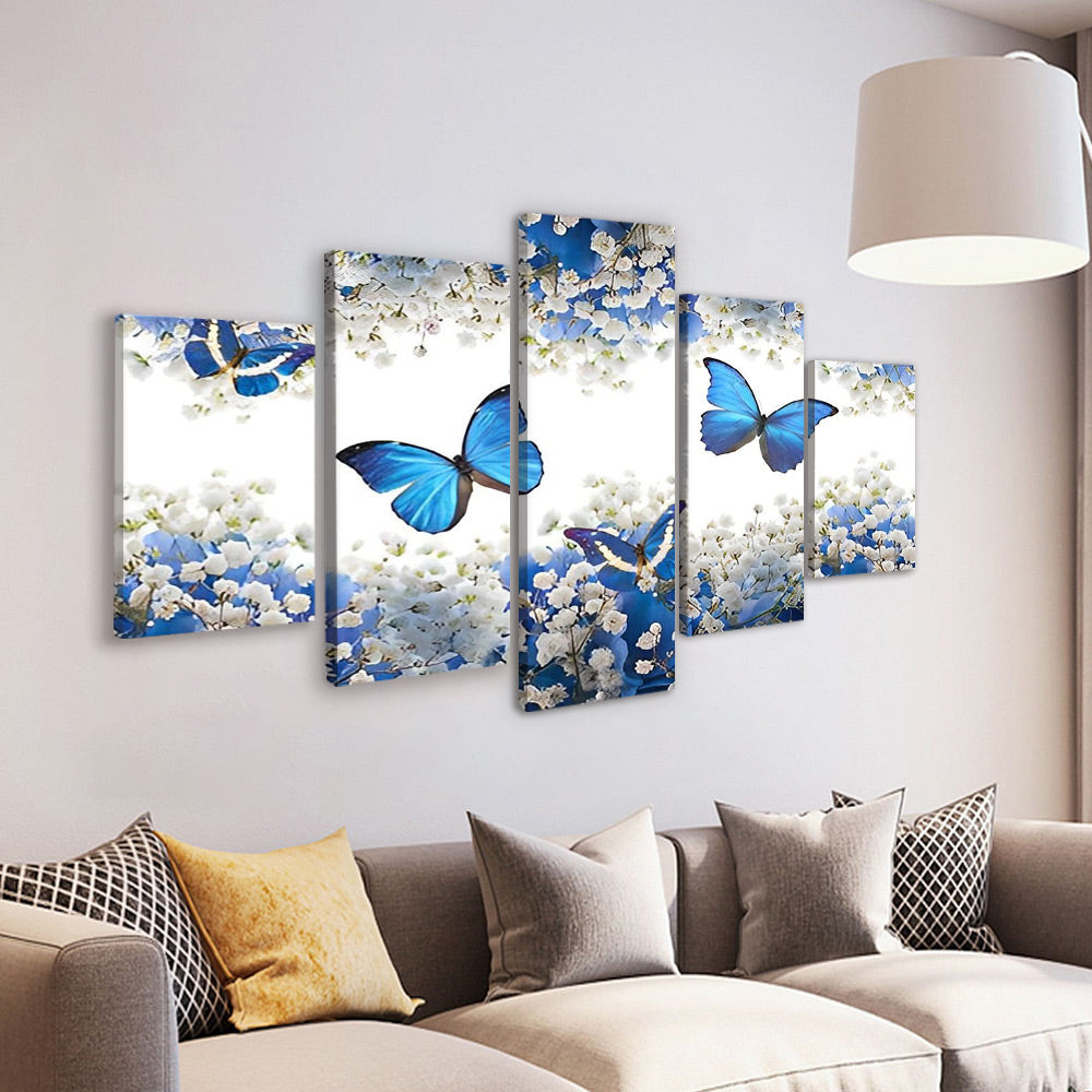Mariposas Azules Volando entre Flores Blancas 5 Partes Pintar por Números