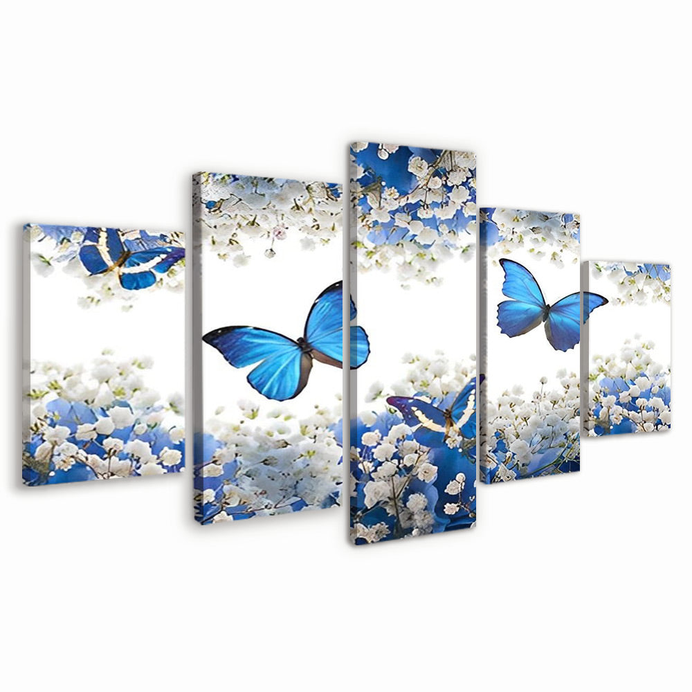 Mariposas Azules Volando entre Flores Blancas 5 Partes Pintar por Números
