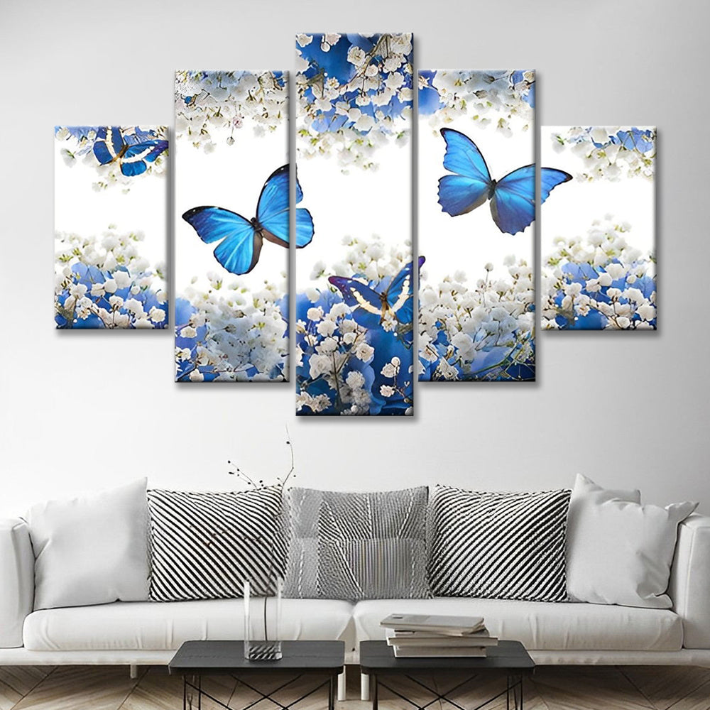 Mariposas Azules Volando entre Flores Blancas 5 Partes Pintar por Números
