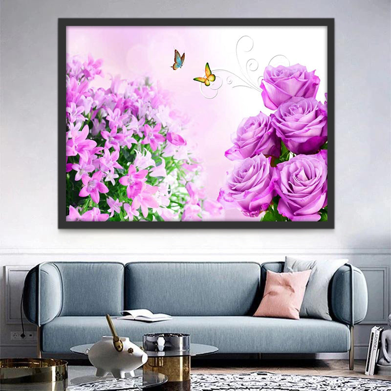 Mariposas entre Rosas Moradas y Flores Rosadas Pintar por Números