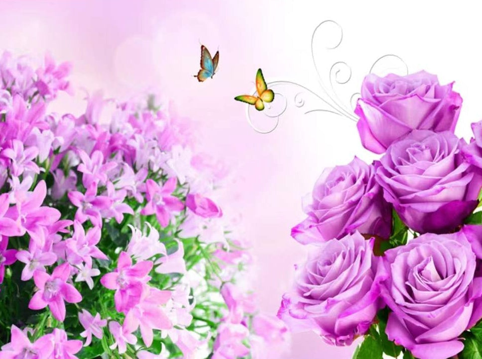 Mariposas entre Rosas Moradas y Flores Rosadas Pintar por Números