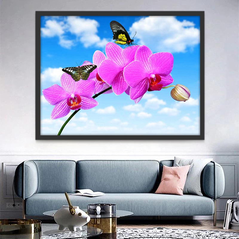 Mariposas Paradas sobre Orquídeas Rosadas y Cielo Azul Pintar por Números