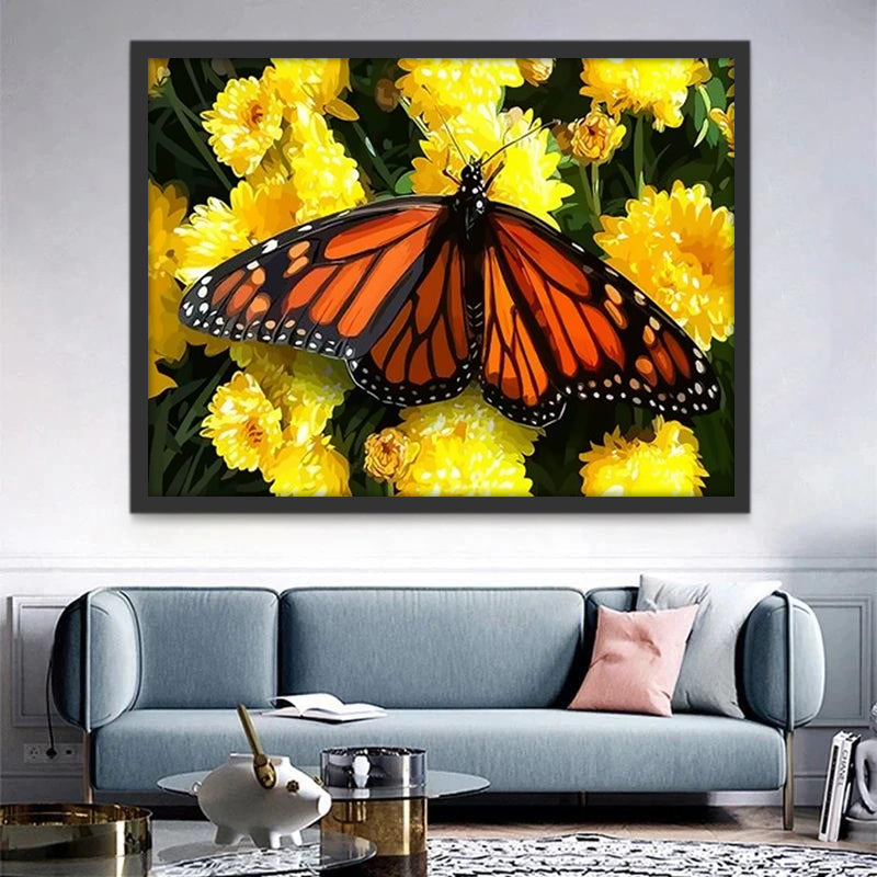 Mariposas sobre Crisantemos Amarillos Pintar por Números