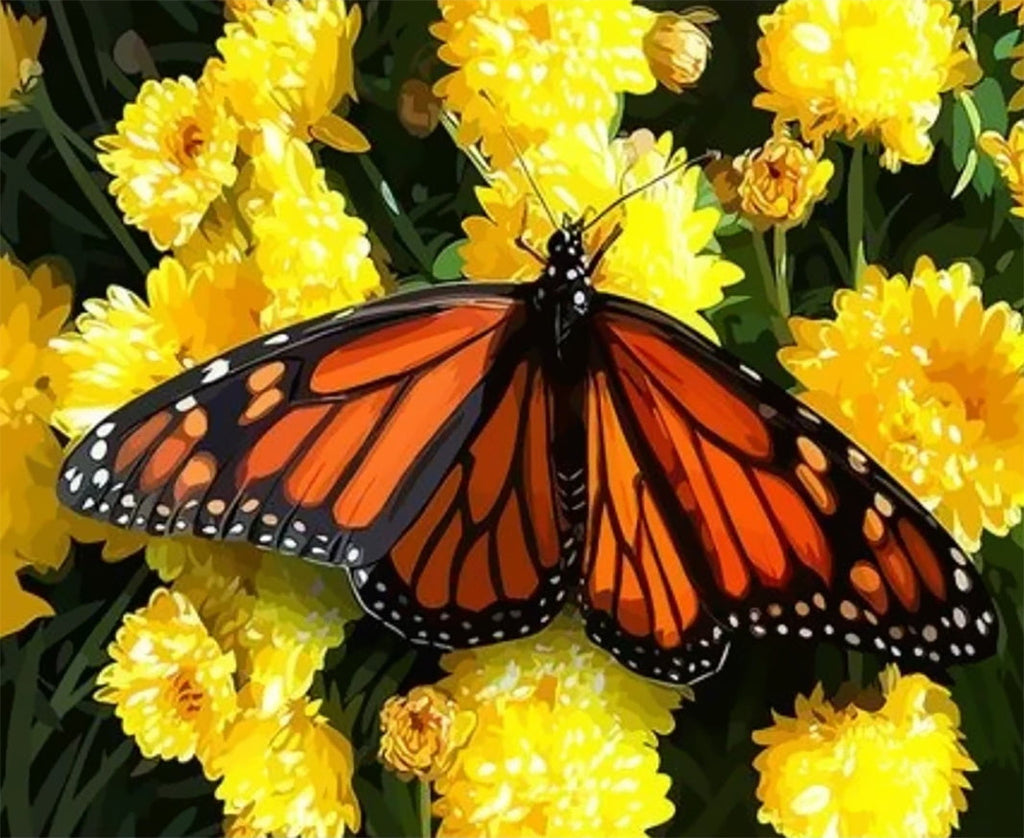Mariposas sobre Crisantemos Amarillos Pintar por Números