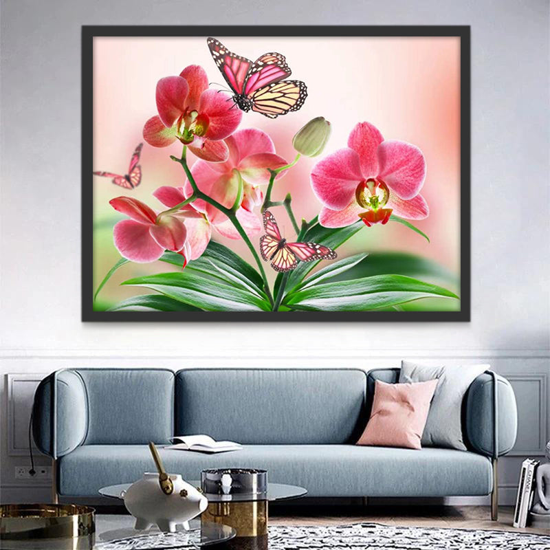 Mariposas sobre Orquídeas Rojas con Hojas Verdes Pintar por Números