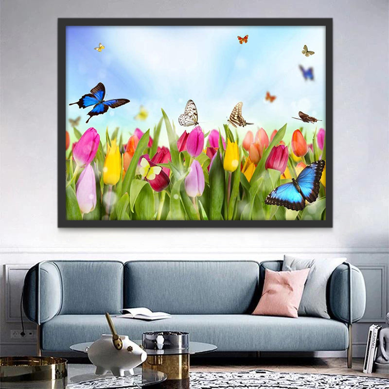 Mariposas Volando entre Tulipán Colorido Pintar por Números