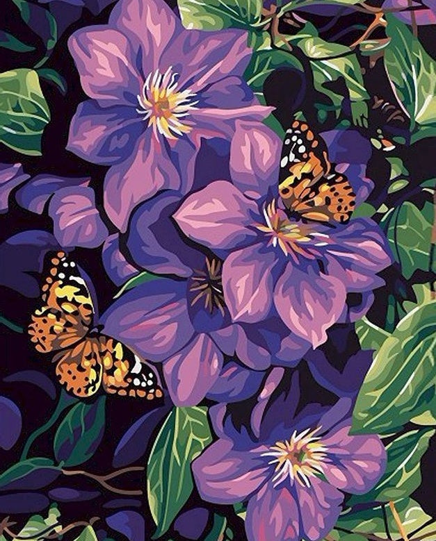 Mariposas y Flores de Color Morado y Hojas Verdes Pintar por Números