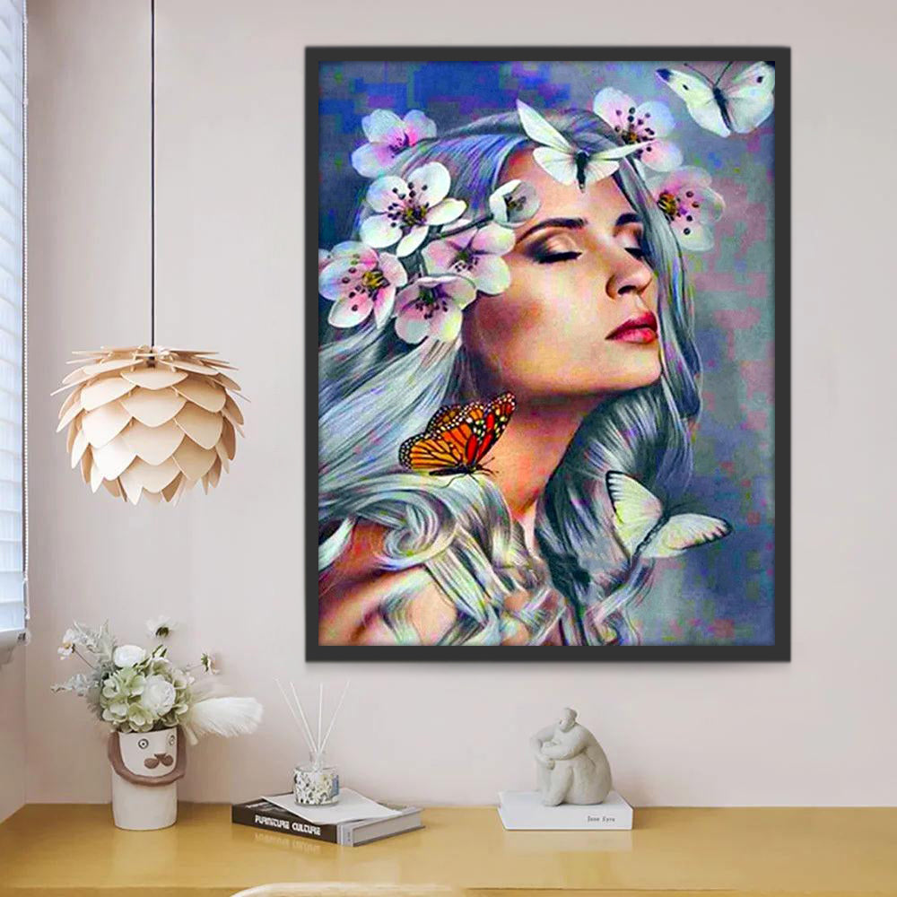 Mariposas y Flores y Mujer de Pelo Gris Pintar por Números