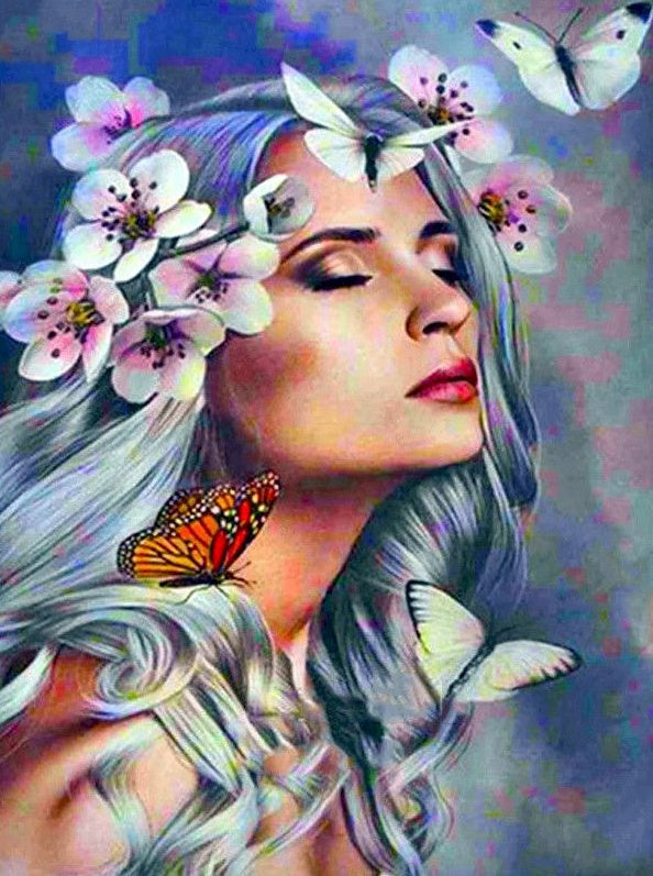 Mariposas y Flores y Mujer de Pelo Gris Pintar por Números