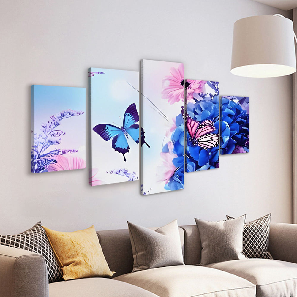 Mariposas y Hortensia Azul y Camomilas Rosadas 5 Partes Pintar por Números
