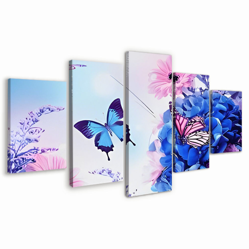 Mariposas y Hortensia Azul y Camomilas Rosadas 5 Partes Pintar por Números