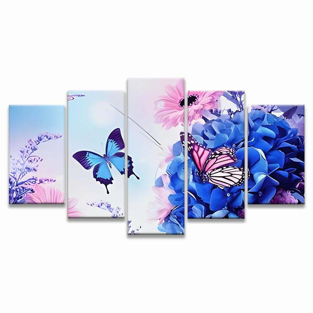 Mariposas y Hortensia Azul y Camomilas Rosadas 5 Partes Pintar por Números
