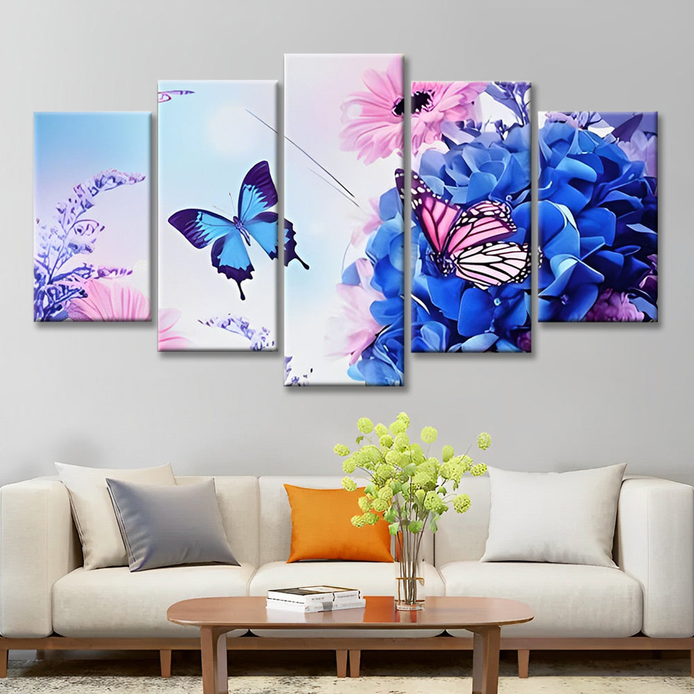 Mariposas y Hortensia Azul y Camomilas Rosadas 5 Partes Pintar por Números
