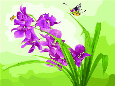 Mariposas y Orquídea Morada en el Fondo Verde Pintar por Números