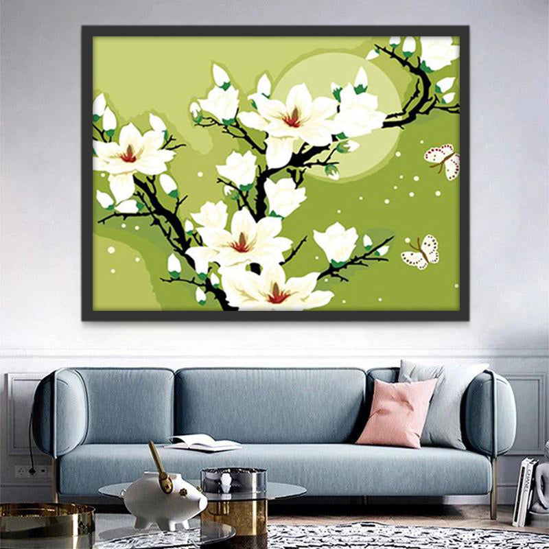 Mariposas y Rama de Magnolias Blancas con el Fondo Verde Pintar por Números