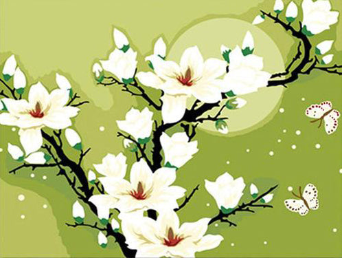 Mariposas y Rama de Magnolias Blancas con el Fondo Verde Pintar por Números