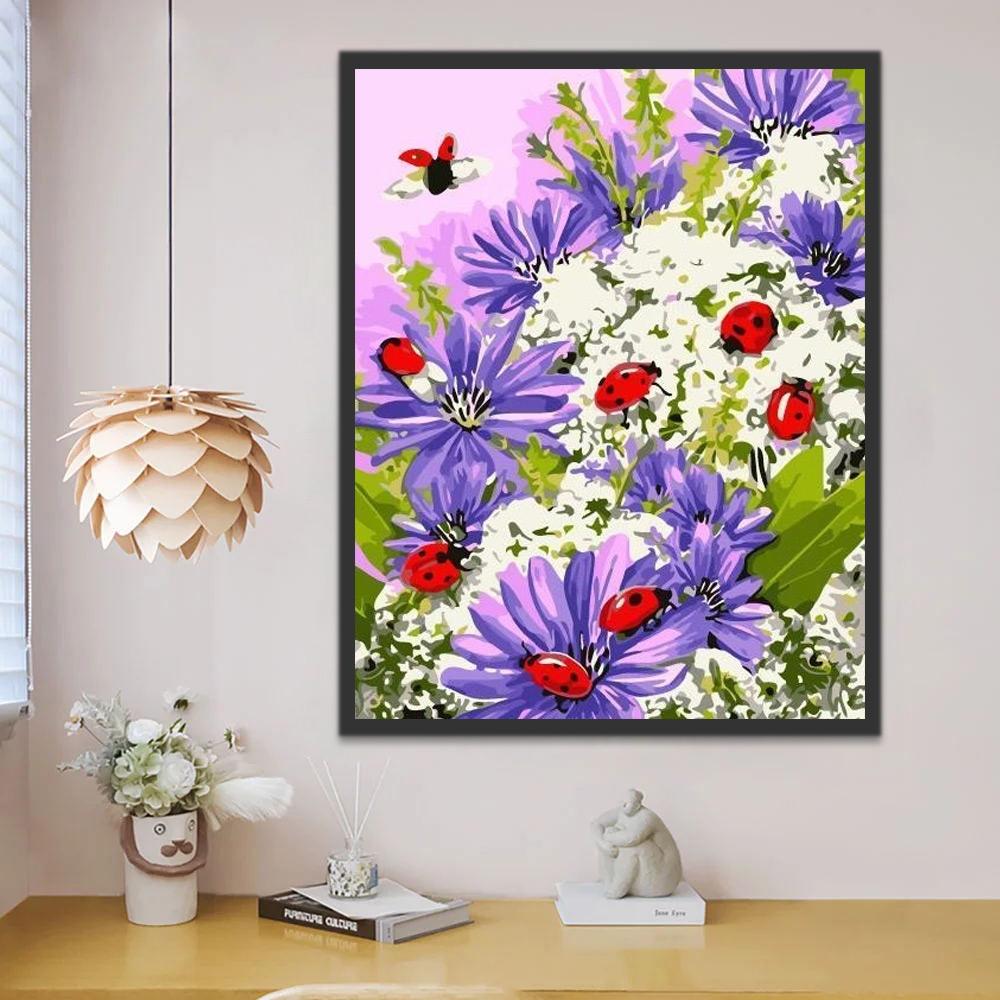 Mariquitas entre Camomilas Moradas y Flores Blancas Pintar por Números