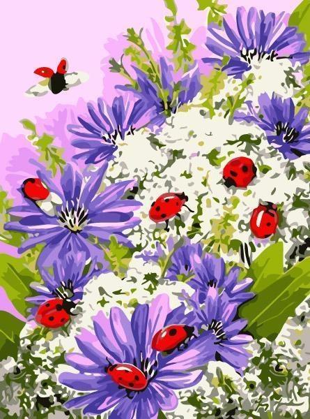 Mariquitas entre Camomilas Moradas y Flores Blancas Pintar por Números