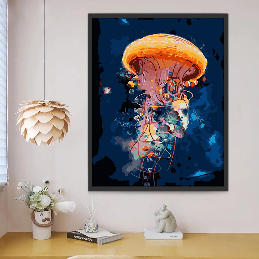Medusas Anaranjadas Rodeadas de Peces en el Mar de Azul Oscuro Pintar por Números