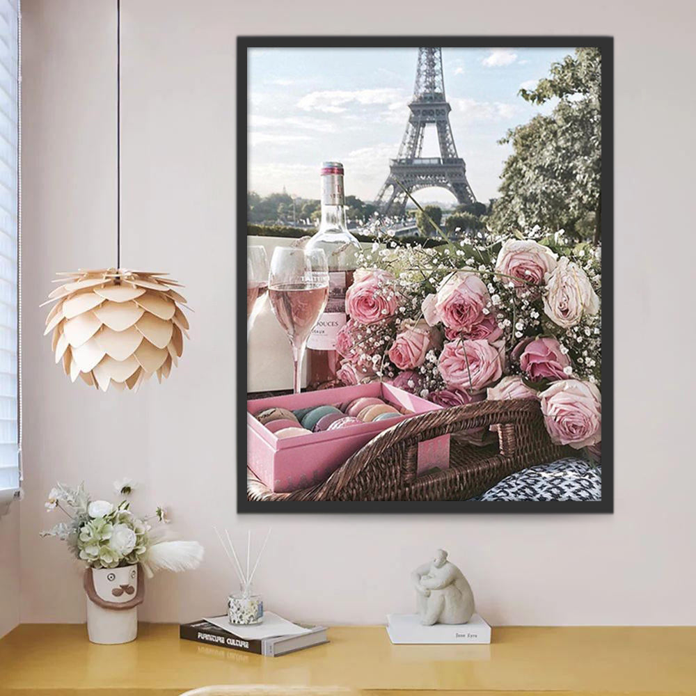 Merienda y Rosas Rosadas y Torre Eiffel Pintar por Números