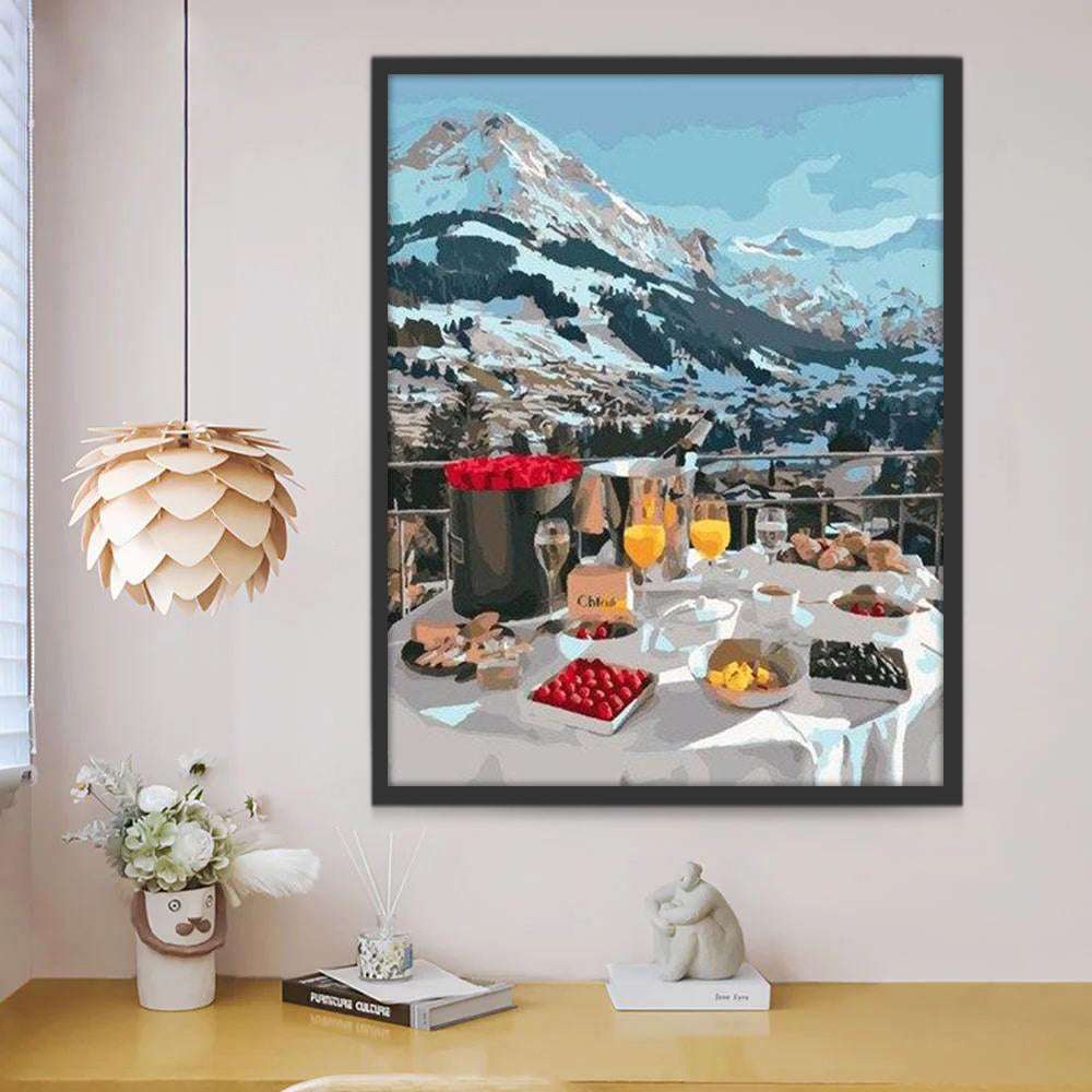 Mesa de Comidas y Montañas Nevadas Pintar por Números
