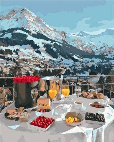Mesa de Comidas y Montañas Nevadas Pintar por Números
