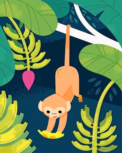 Mono Colgando Rama de Árbol para Coger las Frutas Pintar por Números Niños