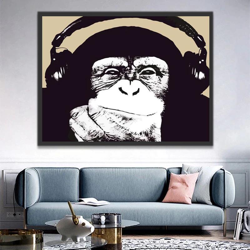 Mono con Auriculares en Blanco y Negro Pintar por Números