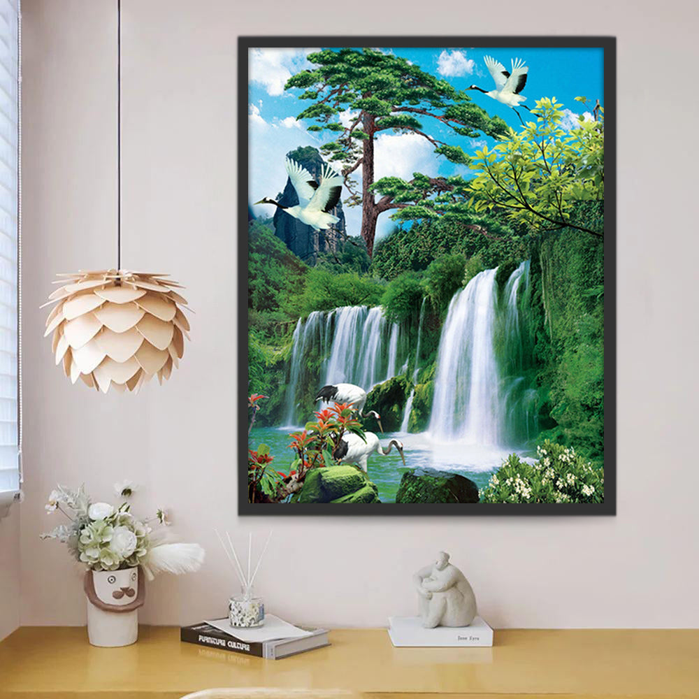 Montaña con Grullas y Cascada Pintar por Números