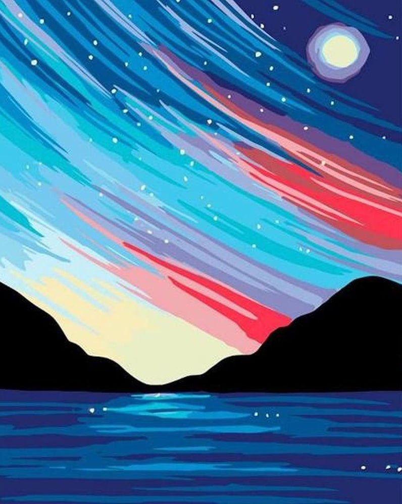 Montañas y Agua Bajo Cielo Estrellado Pintar por Números