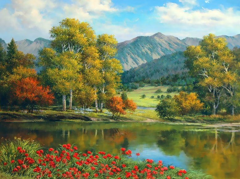 Montañas y Bosque en las Orillas Pintar por Números