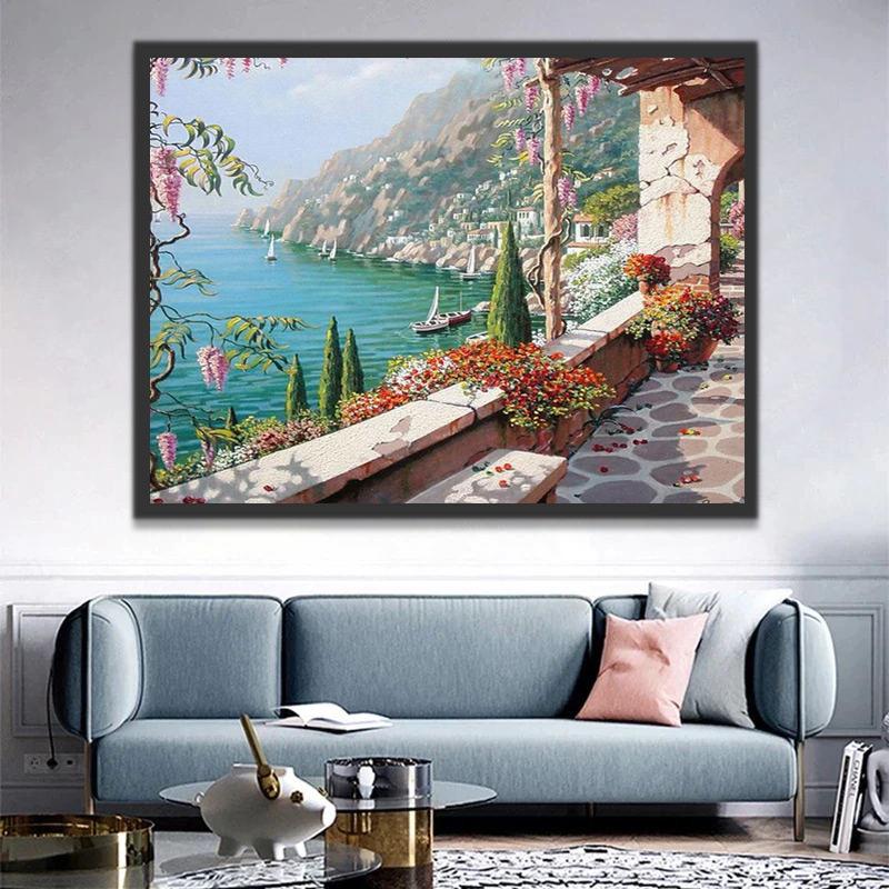 Montañas y Mar Azul y Terraza con Flores Pintar por Números